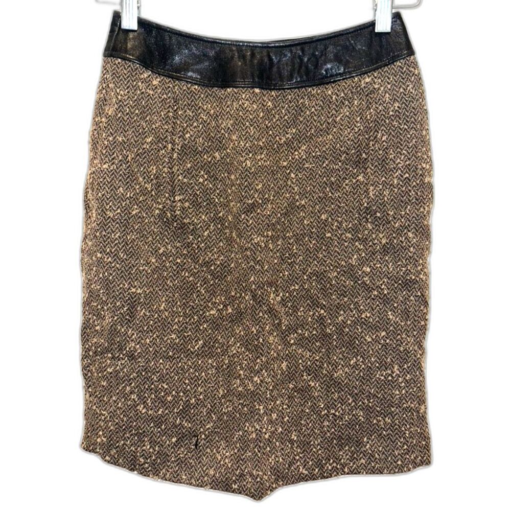 Anne Klein Petite Woven Wool Leather Trim Waist Straight Brown Pencil Skirt